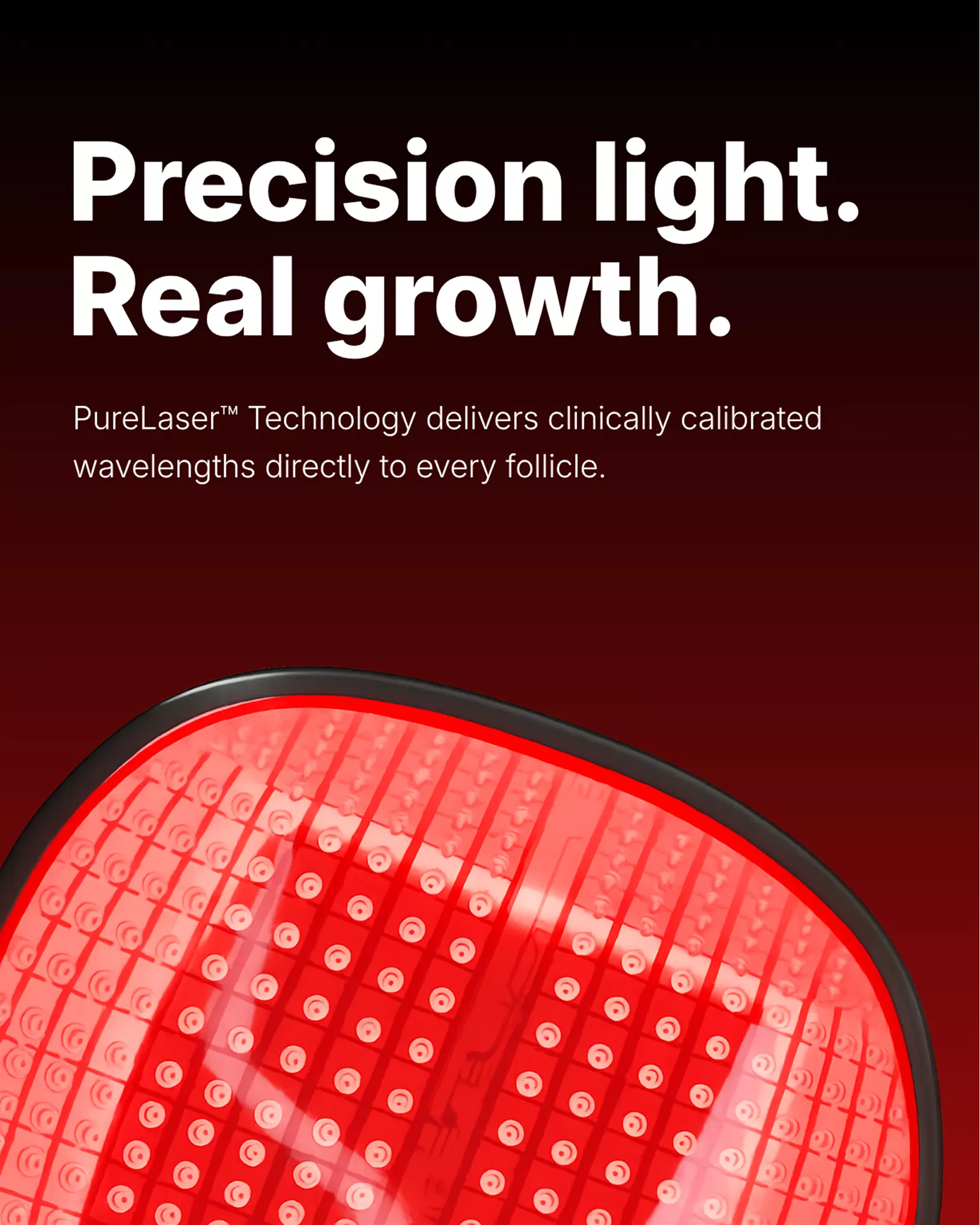 A close-up of a red light therapy device with text that reads, 'Fuller hair starts at the follicle.'